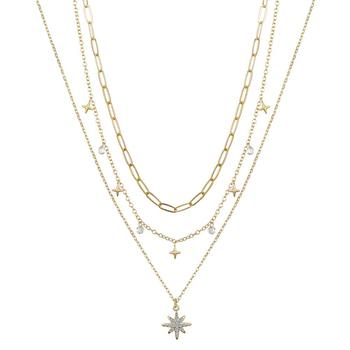 Unwritten | 14K Gold Flash Plated Brass Crystal Star Pendant, Cubic Zirconia and Multi Star Charmed, 3-Piece Necklace Set商品图片,5折×额外8折, 独家减免邮费, 额外八折