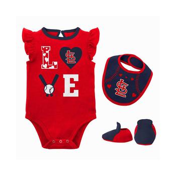 商品Newborn and Infant Boys and Girls Red, Navy St. Louis Cardinals Three-Piece Love of Baseball Bib Bodysuit and Booties Set图片