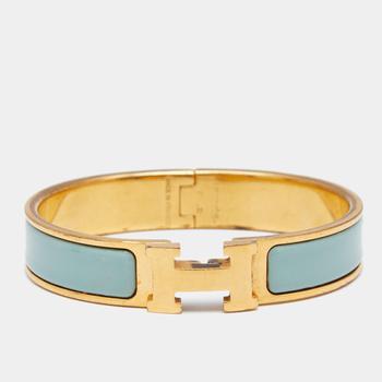 爱马仕手镯, [二手商品] Hermes | Hermès Clic H Aqua Blue Enamel Gold Plated Narrow Bracelet商品图片 9.4折, 满1件减$100, 满减
