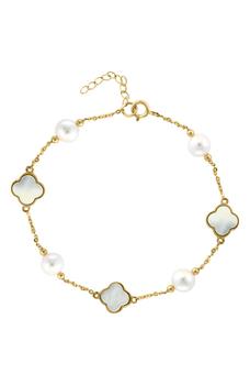 商品Effy | 14K Yellow Gold Clover Mother of Pearl & Freshwater Pearl Bracelet,商家Nordstrom Rack,价格¥3096图片