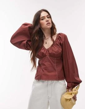 Topshop | Topshop ruched neck balloon sleeve blouse with top stitching in chocolate,商家ASOS,价格¥82