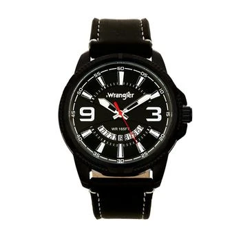 Wrangler | Men's Watch, 48MM Black Ridged Case with Black Zoned Dial, Outer Zone is Milled with White Index Markers, Outer Ring Has is Marked with White, Analog Watch with Red Second Hand and Crescent 