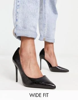 推荐Truffle Collection Wide Fit stiletto heeled shoes in black croc商品