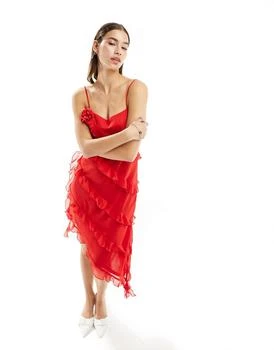 推荐Monki asymmetric ruffle detail midi dress in red商品