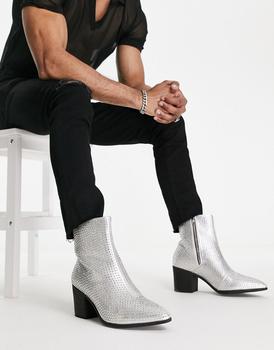 推荐ASOS DESIGN heeled chelsea boot in silver with diamante studs商品