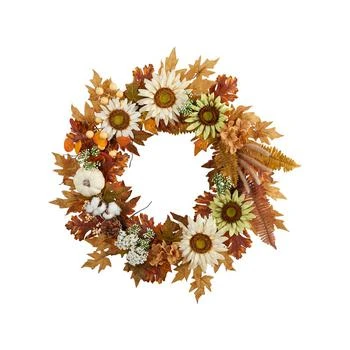 NEARLY NATURAL | 30" Autumn Sunflower, White Pumpkin and Berries Artificial Fall Wreath,商家Macy's,价格¥966