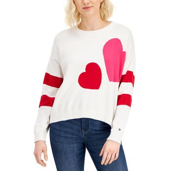 推荐Tommy Hilfiger Womens Double Heart Graphic Stripe Trim Crewneck Sweater商品