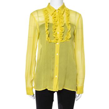 [二手商品] Prada | Prada Yellow Silk Crepon Ruffle Front Sheer Blouse M商品图片,3.1折