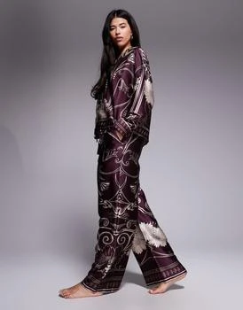 River Island | River Island floral print satin pyjama set in burgundy,商家ASOS,价格¥431