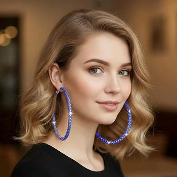 FASHNZFAB | Oversized Rhinestone Embellished Hoop Earrings - Gold, Sapphire,商家Premium Outlets,价格¥156