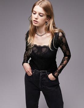 Topshop | Topshop lace long sleeve top in black商品图片,