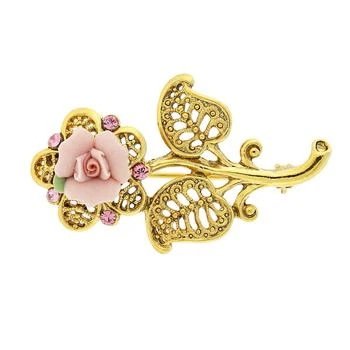 2028 | Gold-Tone Pink Crystal and Porcelain Rose Brooch,商家Macy's,价格¥335