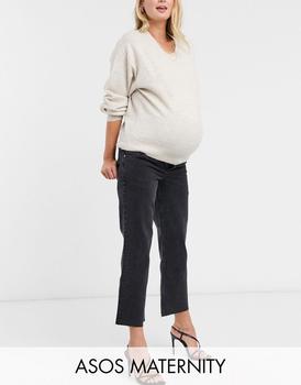 ASOS | ASOS DESIGN Maternity high rise stretch 'effortless' crop kick flare jeans in black with over the bump waistband商品图片,4折
