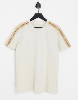Calvin Klein | Calvin Klein Jeans contrast shoulder tape t-shirt in stone商品图片,额外9.5折, 额外九五折