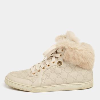 古驰高帮鞋, [二手商品] Gucci | Gucci Cream/Beige Guccissima Leather Cada Fur Trim High Top Sneakers Size 38.5商品图片 8.2折, 满1件减$100, 满减