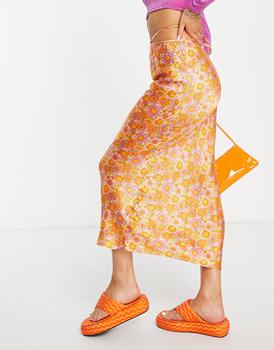 美国Topshop, Topshop | Topshop co-ord satin tie waist 70s floral midi skirt in orange商品图片 