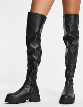 推荐ASOS DESIGN Petite Kieran chunky flat over the knee boots in black商品