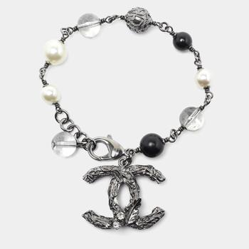[二手商品] Chanel | Chanel Silver Tone Hammered CC Charm Beaded Bracelet商品图片,