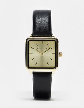 推荐Bellfield minimal strap watch with square dial in black and gold商品