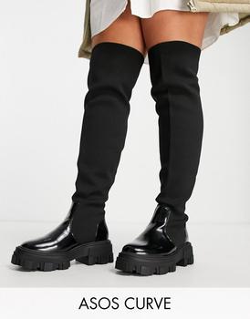 ASOS | ASOS DESIGN Curve Kimmy flat chunky over the knee boots in black商品图片,7.4折