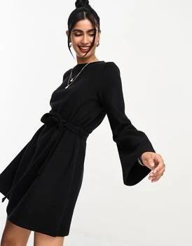 ASOS | ASOS DESIGN supersoft flare sleeve jumper swing mini dress with belt in black 