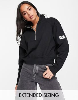 了解ck牛仔裤, Calvin Klein | Calvin Klein Jeans cotton badge logo half zip sweatshirt in black - BLACK商品图片 