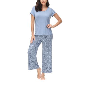 商品Women's Solid Short Sleeve Top with The Cropped Wide Leg Pants 2 Piece Pajama Set图片
