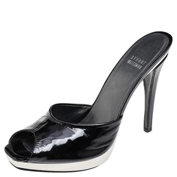 推荐Stuart Weitzman Black Patent Leather Platform Slide Sandals Size 39商品