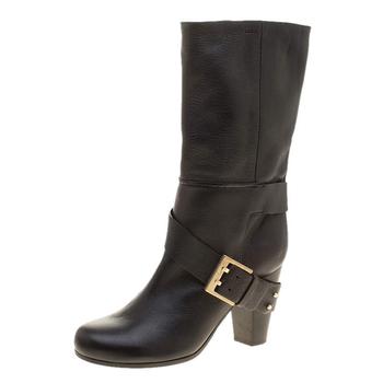 推荐Chloe Black Leather Mid-Calf Buckle Boots Size 37商品