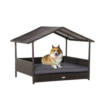 商品Elevated Wicker Dog House, Raised Rattan Pet Bed Cabana Canopy, Grey图片