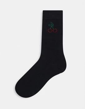 ASOS | ASOS DESIGN ankle socks in black with rhinestone cherry design 