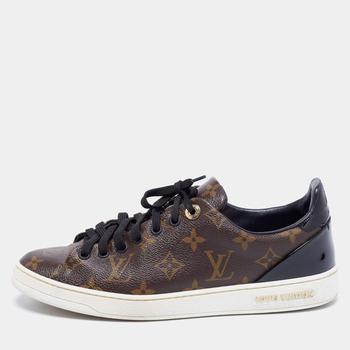 lv低帮鞋, [二手商品] Louis Vuitton | Louis Vuitton Brown/Black Monogram Canvas and Patent Leather Frontrow Low-Top Sneakers Size 39商品图片 9.1折, 满1件减$100, 满减