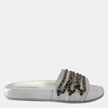 香奈儿鞋, Chanel | Chanel Silver Leather Chain Detail Interlocking CC Logo Slides Sandals Size EU 38商品图片 