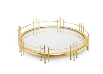 商品Round Mirror Tray with Gold Symmetrical Design图片