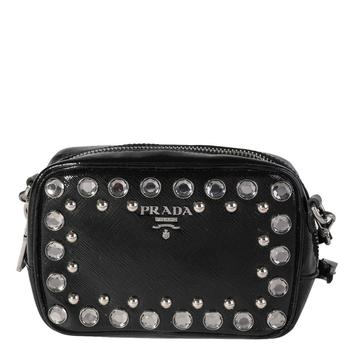 推荐Prada Black Crystal-Embellished Patent Saffiano Leather Mini Camera Bag商品