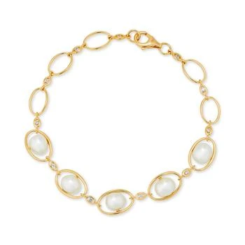 Macy's | Cultured Freshwater Pearl (7-7-1/2mm) & White Topaz (1/5 ct. t.w.) Oval Link Bracelet in 14k Gold-Plated Sterling Silver,商家Macy's,价格¥1404