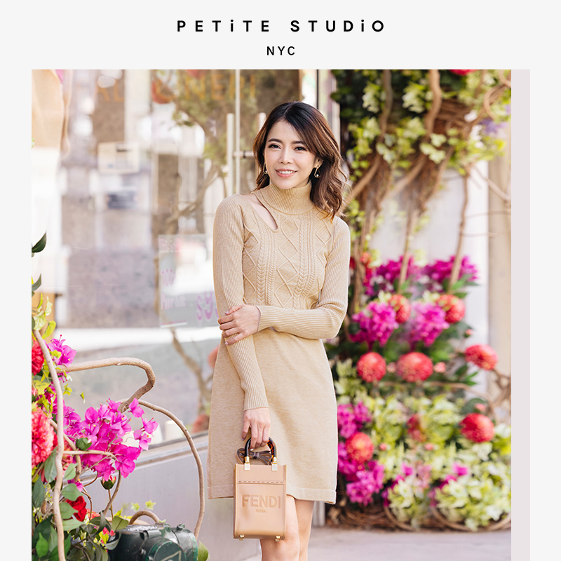 Petite Studio NYC | Saffron奶茶色修身肩部镂空高腰针织连衣裙 | Saffron Knit Dress - Latte商品图片,额外7折, 包邮包税, 额外七折