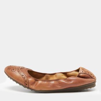 菲拉格慕芭蕾鞋, [二手商品] Salvatore Ferragamo | Salvatore Ferragamo Brown Brogue Leather Scrunch Ballet Flats Size 40.5商品图片 7.6折