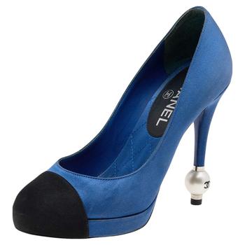 美国香奈儿鞋, [二手商品] Chanel | Chanel Blue/Black Satin Pearl Embellished Heel Pumps Size 36.5商品图片 8.9折