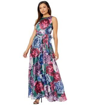 Tahari | Sleeveless Printed Satin Shimmer Maxi Dress with Self Tie Waist 