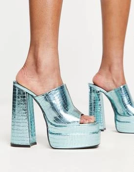 推荐Daisy Street Exclusive platform mule sandals in blue croc metallic商品