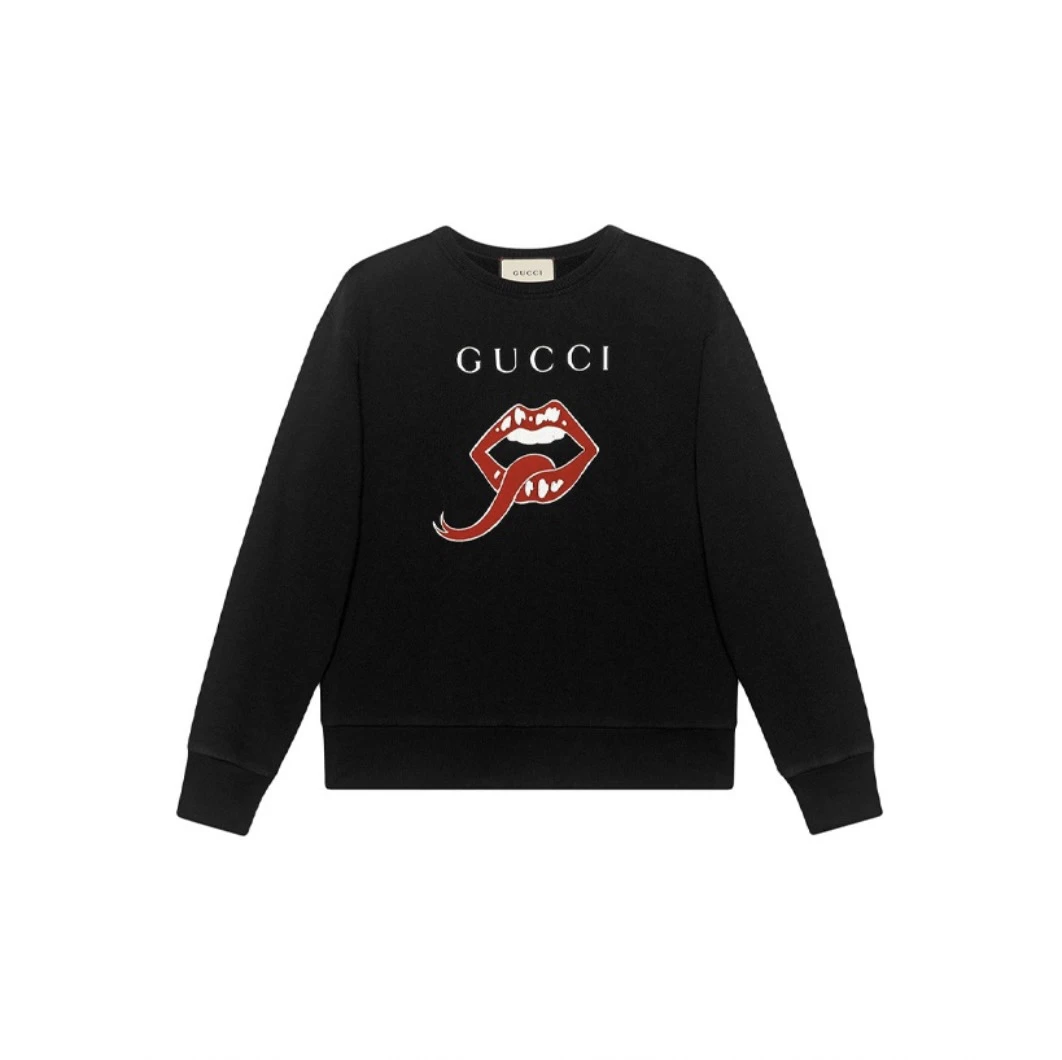 Gucci | GUCCI 红唇印花圆领套头卫衣 男款黑色 6.9折, 包邮包税