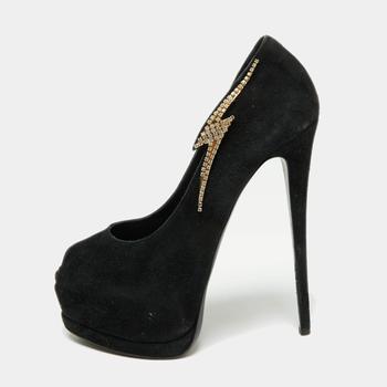 [二手商品] Giuseppe Zanotti | Giuseppe Zanotti Black Suede Crystal Embellished Peep Toe Pumps Size 39商品图片,7.7折, 满1件减$100, 满减