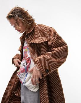 Topshop | Topshop herringbone longline shacket in rust商品图片,4折