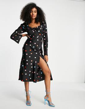 asos design, ASOS | ASOS DESIGN tie front bust midi dress with flare sleeve in multicoloured spot print商品图片 5.4折