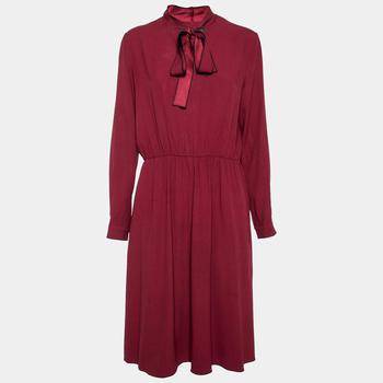 max mara weekend好用吗, [二手商品] Weekend Max Mara | Weekend Max Mara Burgundy Crepe Bow Tie Neck Pleated Dress M商品图片 4.4折