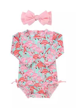商品Fab Flamingo One Piece Rash Guard & Pink Swim Bow Headband,商家Belk,价格¥307图片
