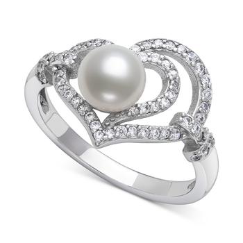Belle de Mer | Cultured Freshwater Button Pearl (6mm) & Cubic Zirconia Openwork Heart Ring in Sterling Silver商品图片,2.5折