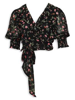 商品Ganni Floral Chiffon Wrap Blouse In Black Viscose,商家Saks OFF 5TH,价格¥1683图片