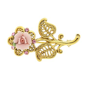 商品Gold-Tone Pink Crystal and Porcelain Rose Brooch图片
